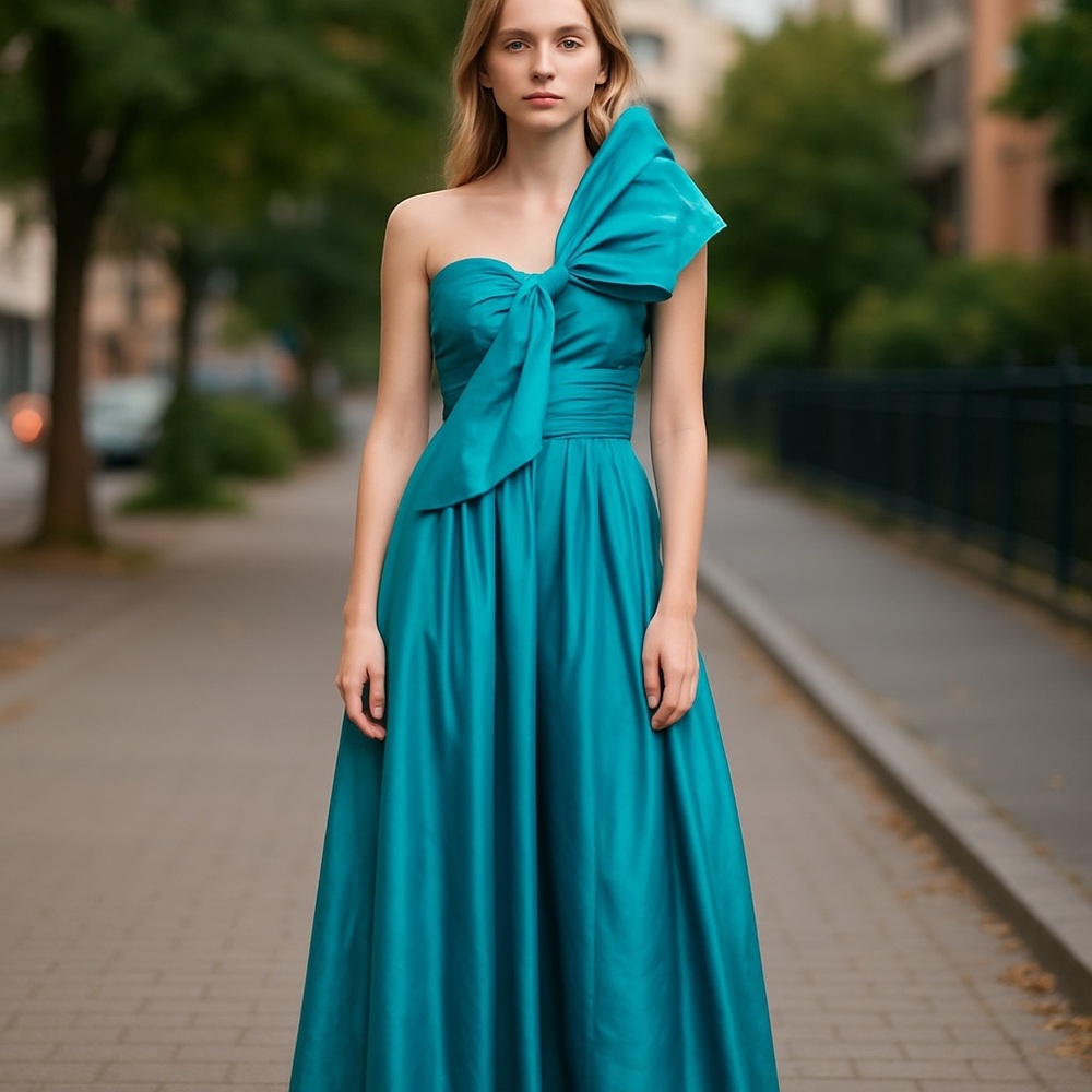Vintage Lillie Rubin Blue One Shoulder Bow Gown Fit & Flare Maxi Long Dress XS